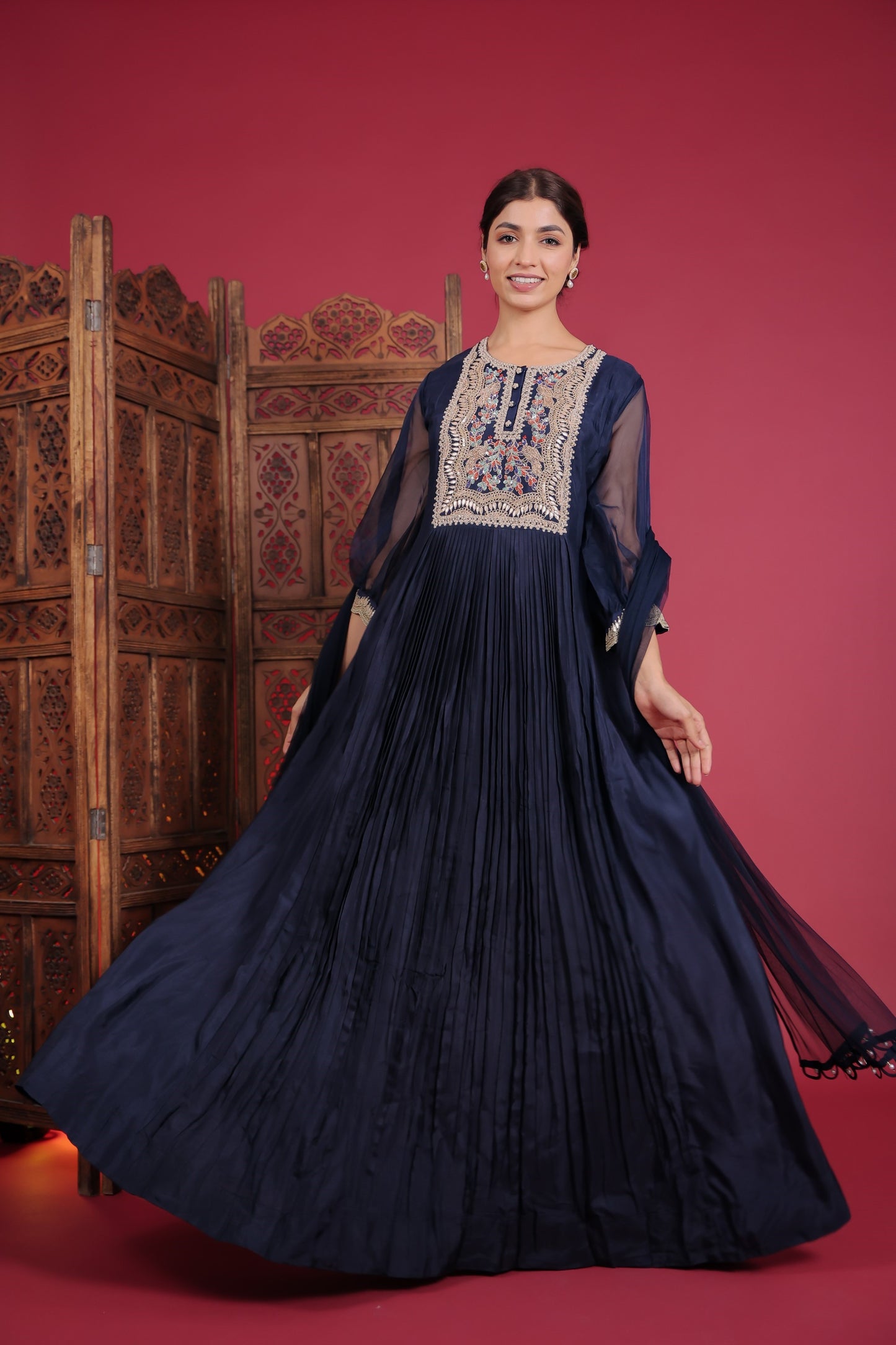 Denim Blue Zardozi Work Pleated Gown With Dupatta