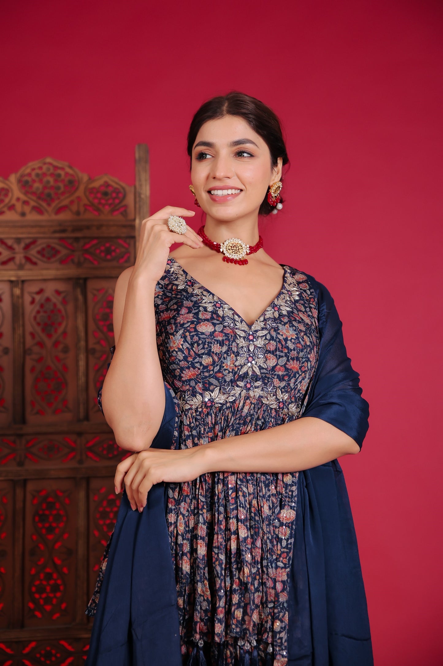 Royal Blue Blossom Print Embellished Peplum With Flared Palazzo And Dupatta