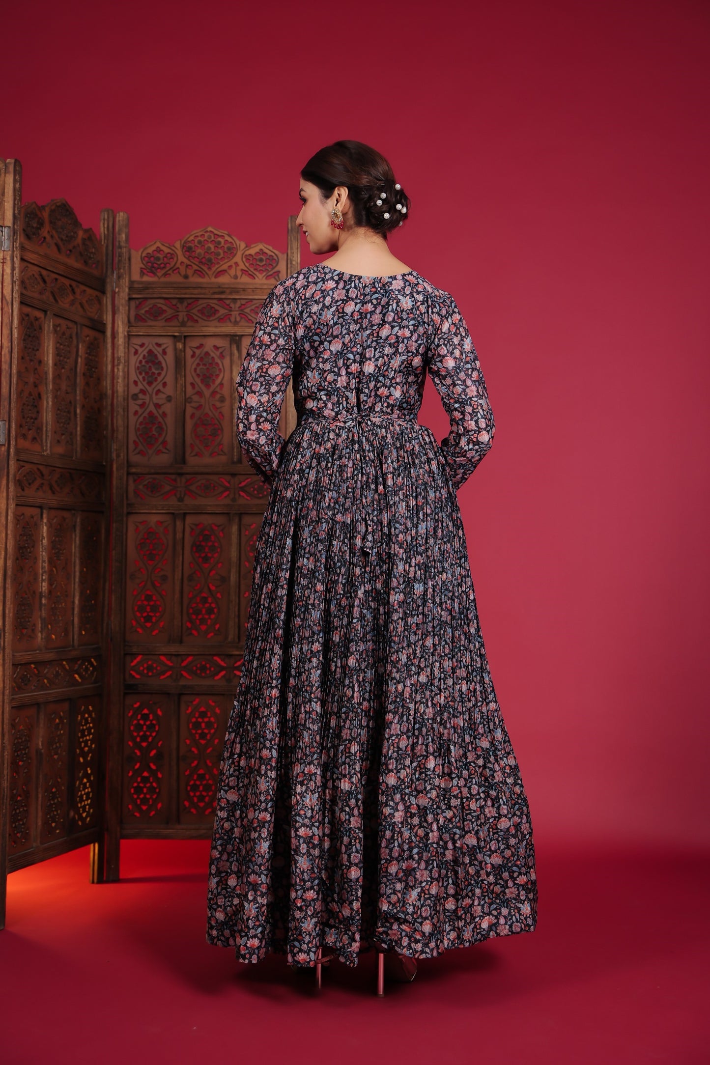 Midnight Blue Blossom Print Paper Silk Gown