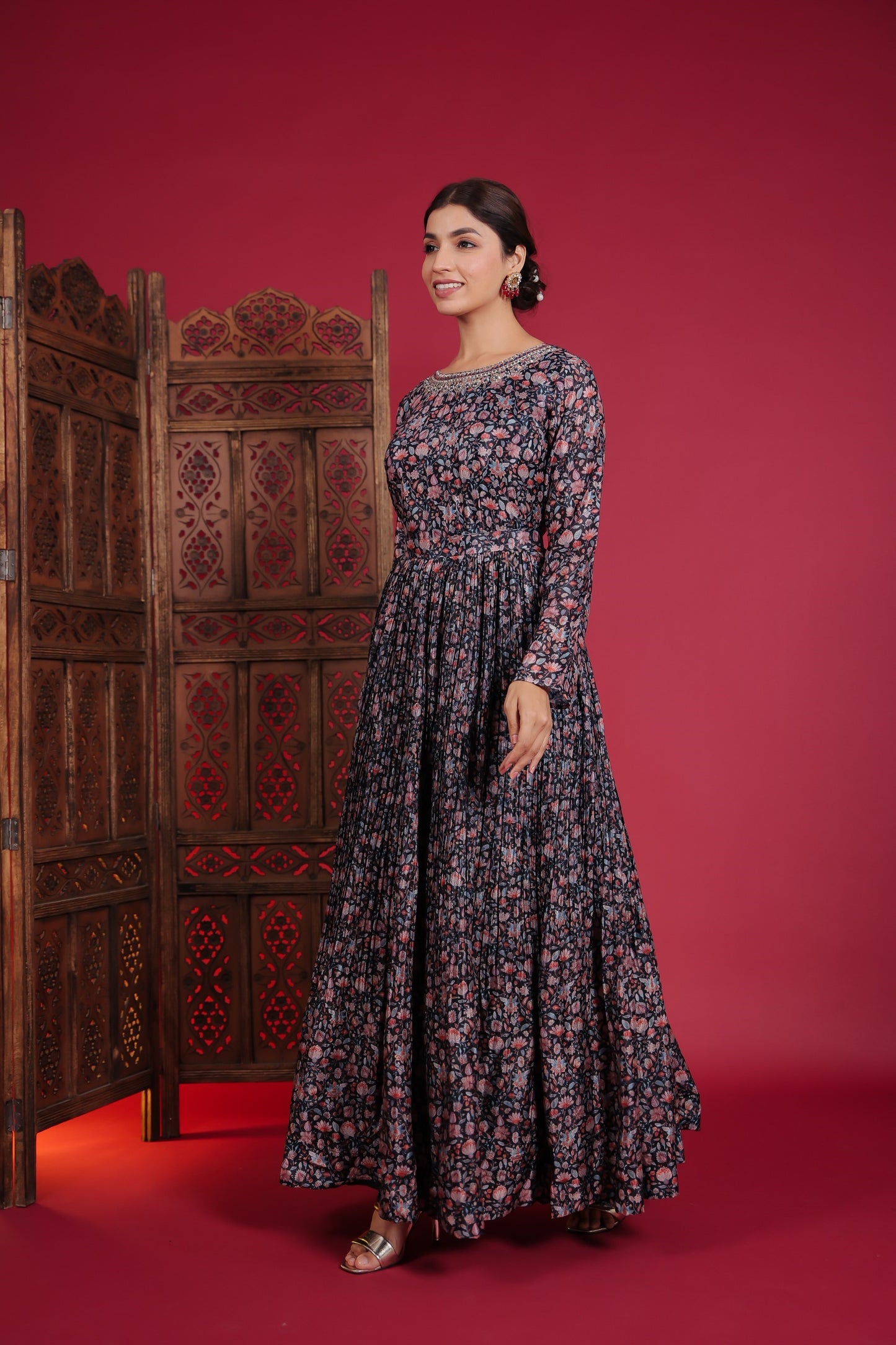 Midnight Blue Blossom Print Paper Silk Gown