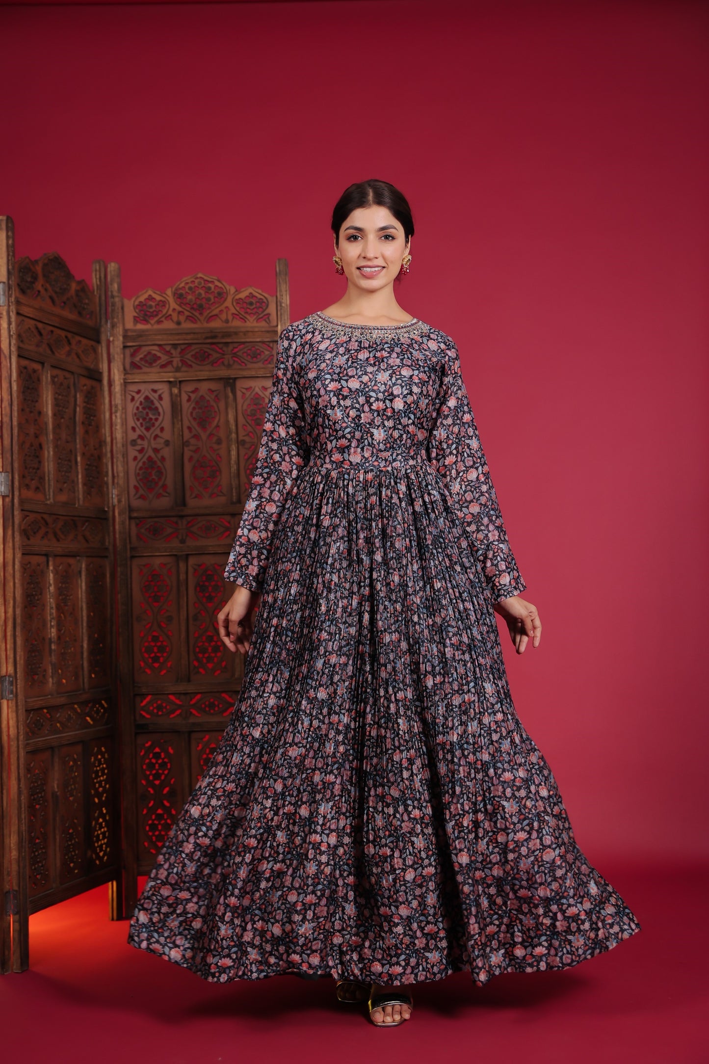 Midnight Blue Blossom Print Paper Silk Gown