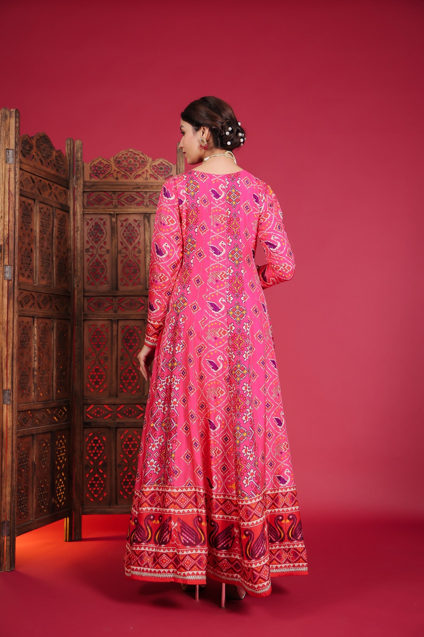 Fuchsia Pink Ikat Printed Anarkali Gown With Dupatta