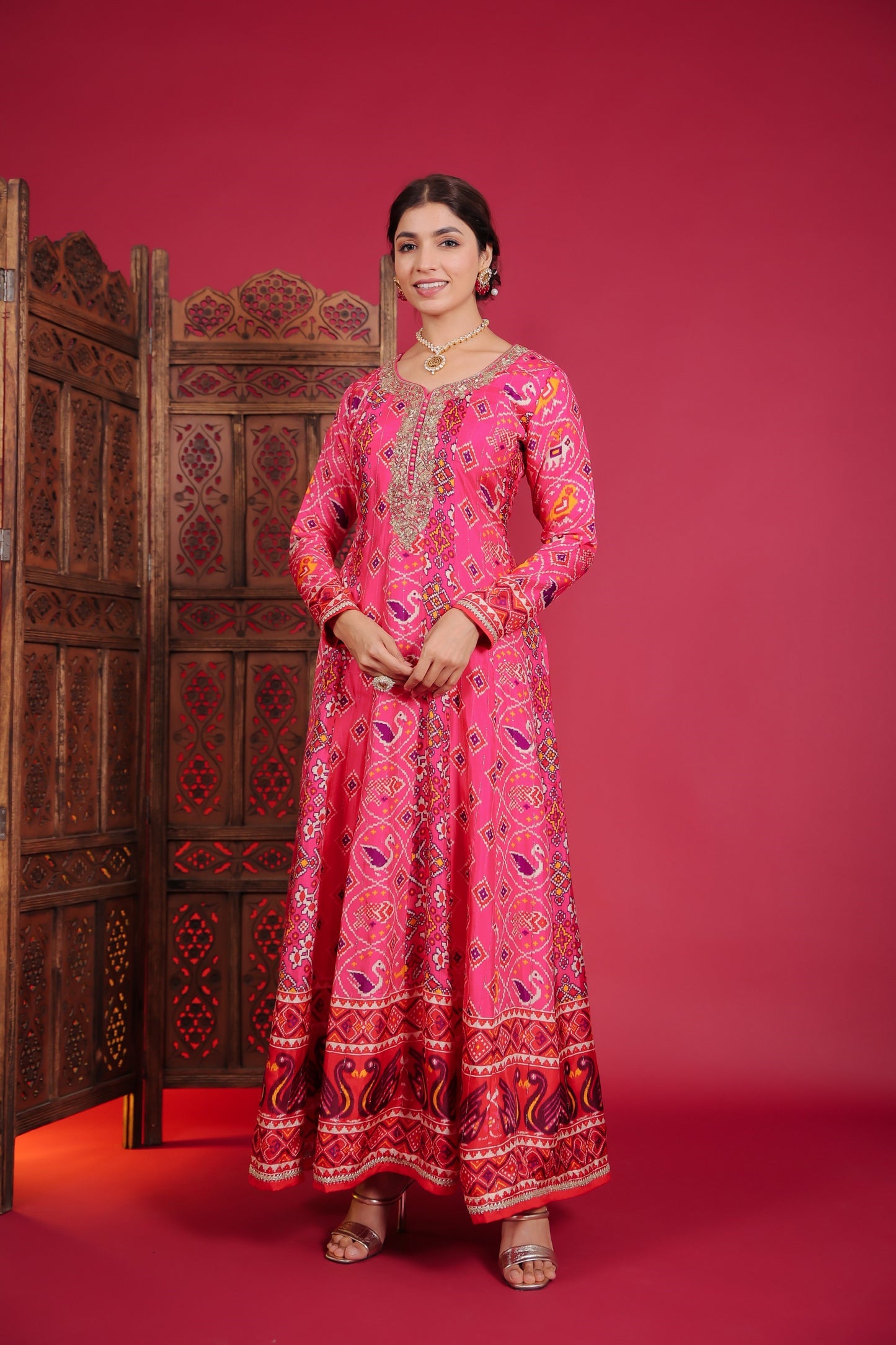 Fuchsia Pink Ikat Printed Anarkali Gown With Dupatta