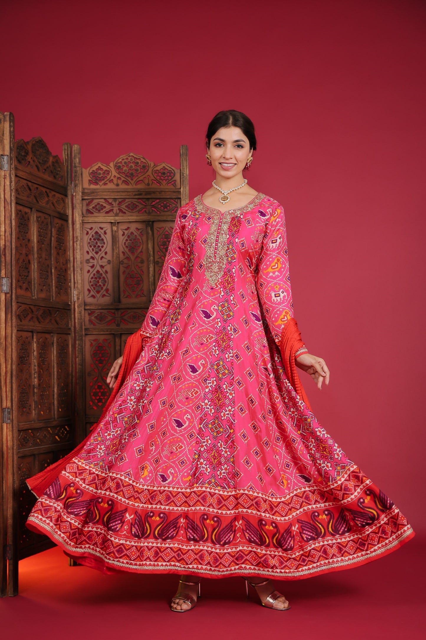 Fuchsia Pink Ikat Printed Anarkali Gown With Dupatta