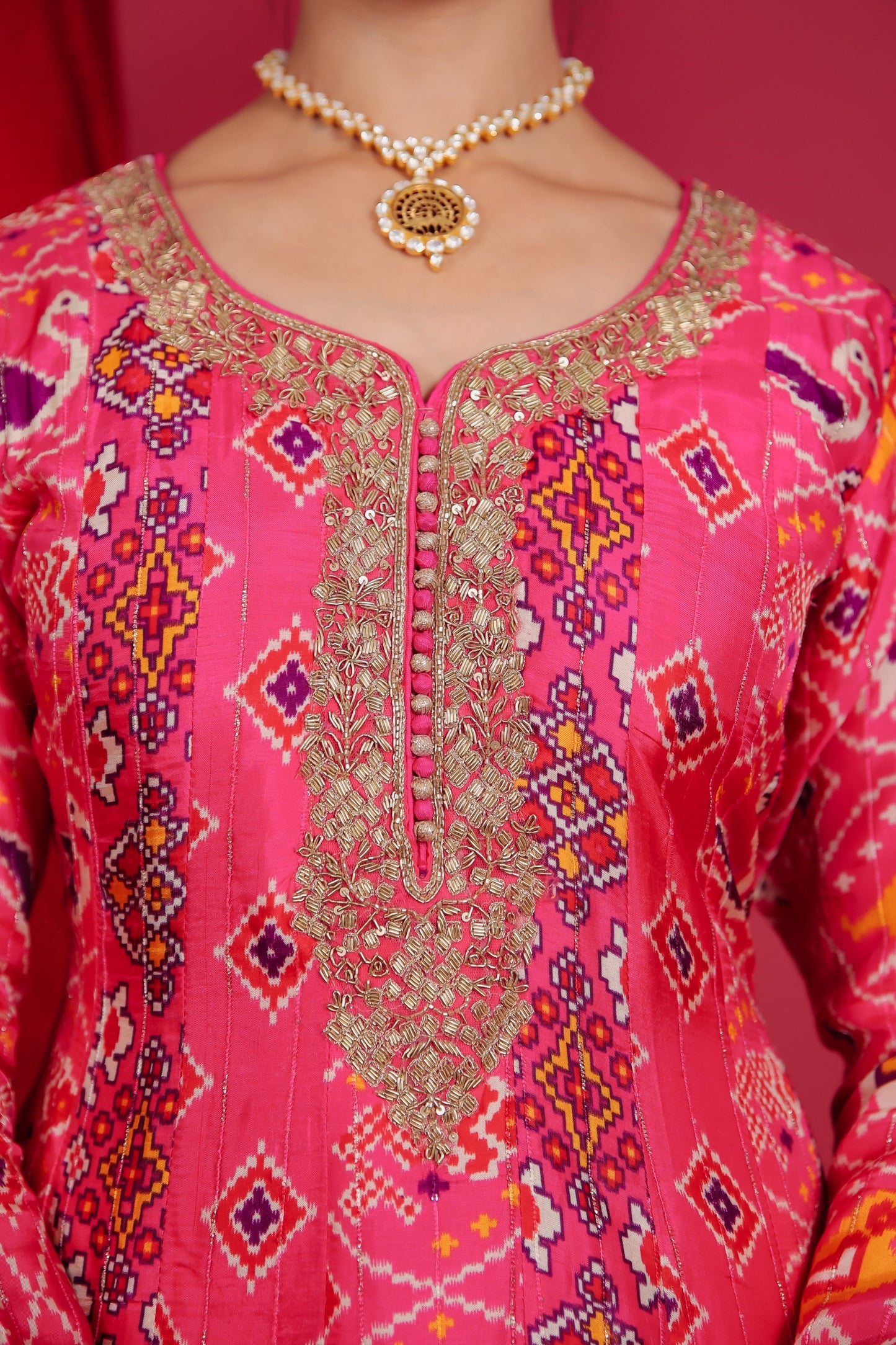 Fuchsia Pink Ikat Printed Anarkali Gown With Dupatta