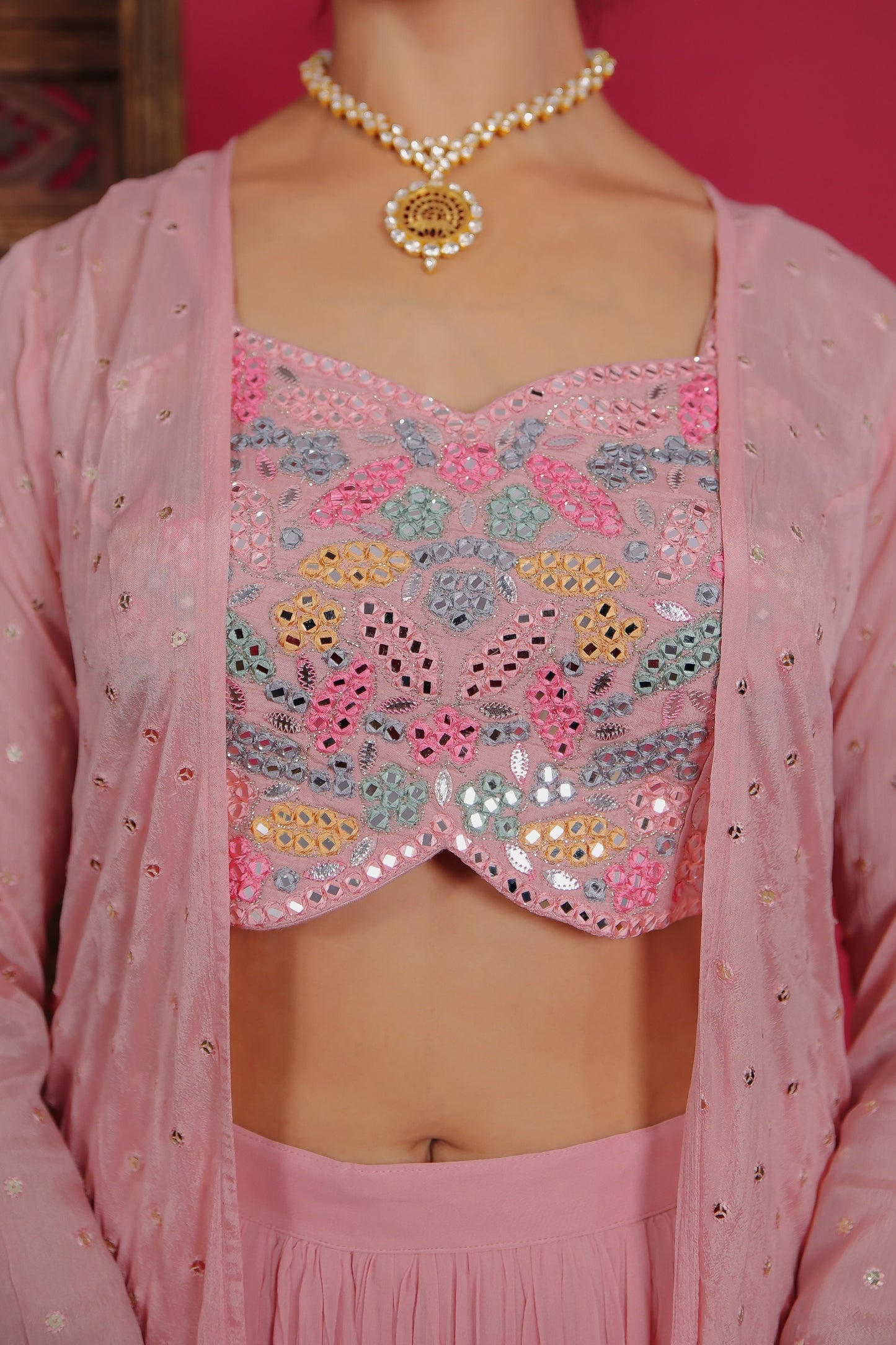 Rose Pink Abla Work Crop Top With Palazzo And Jacket