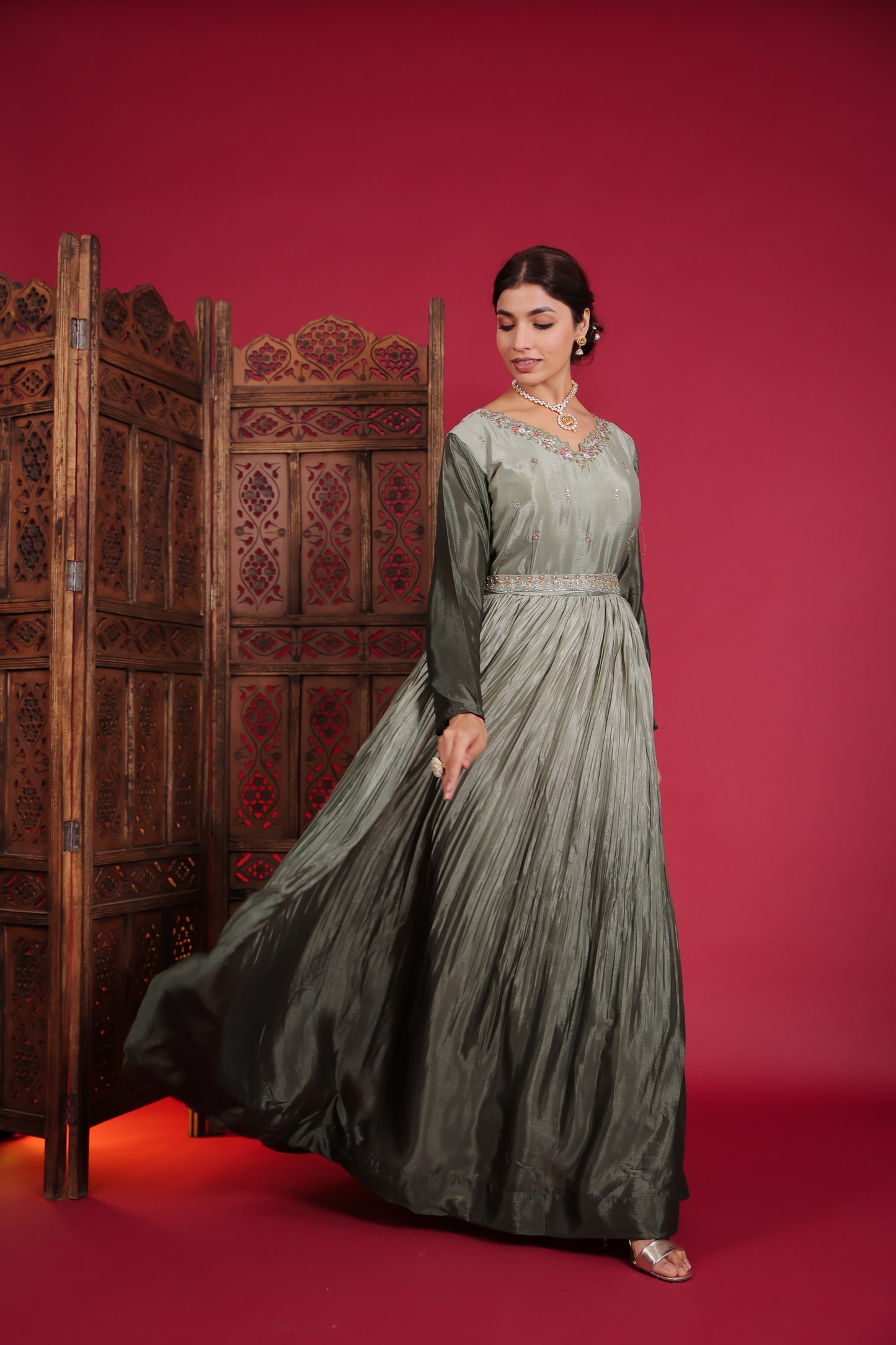 Chinnon Silk Omre Green Resham Work Gown
