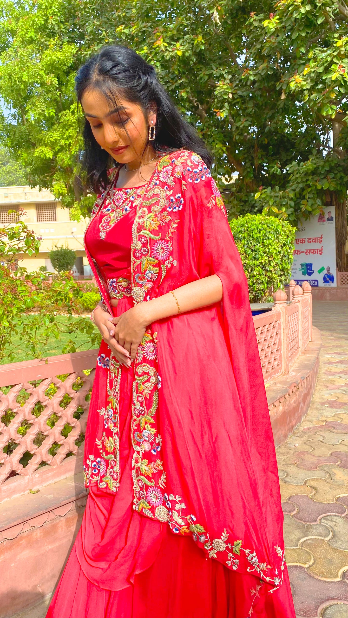 Embellished Garnet Red Organza Fusion Wear Dress