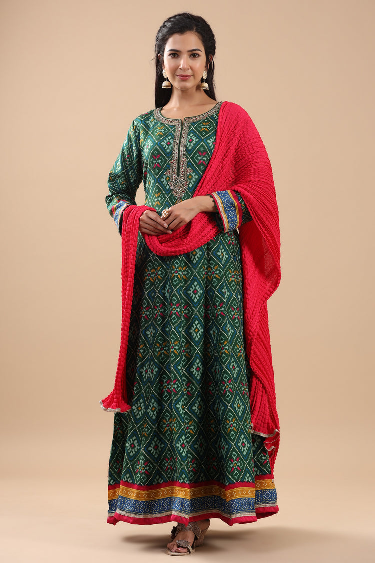 Green Ikat Printed Anarkali Gown