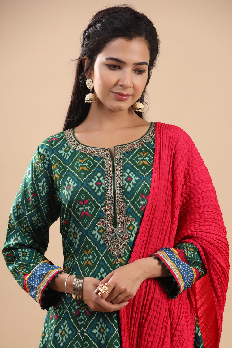 Green Ikat Printed Anarkali Gown