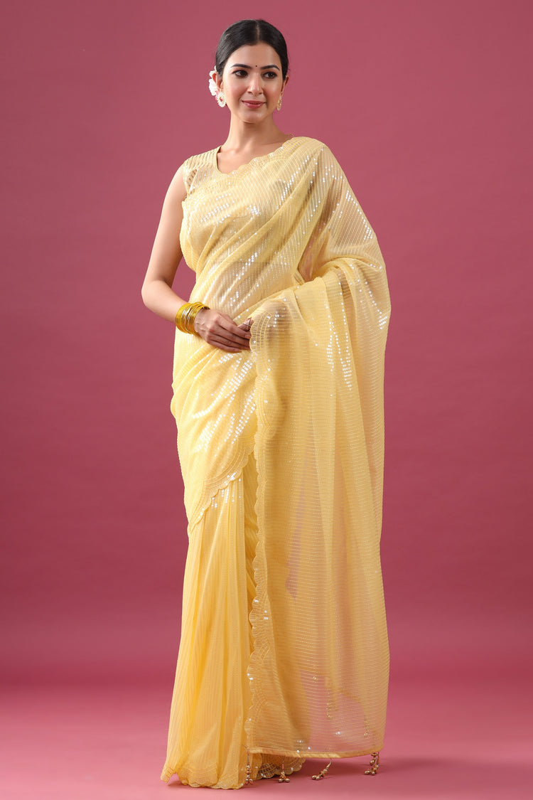 Yellow Sequinned Net Saree