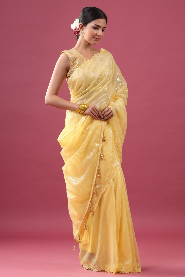 Yellow Sequinned Net Saree
