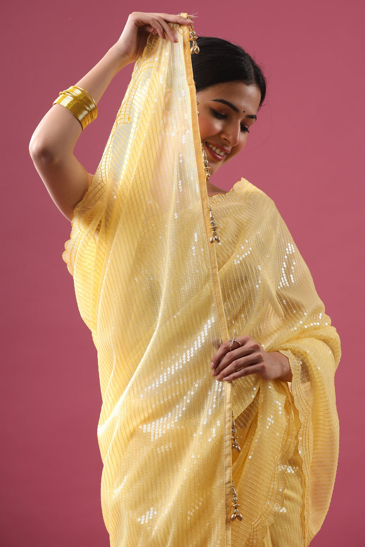 Yellow Sequinned Net Saree
