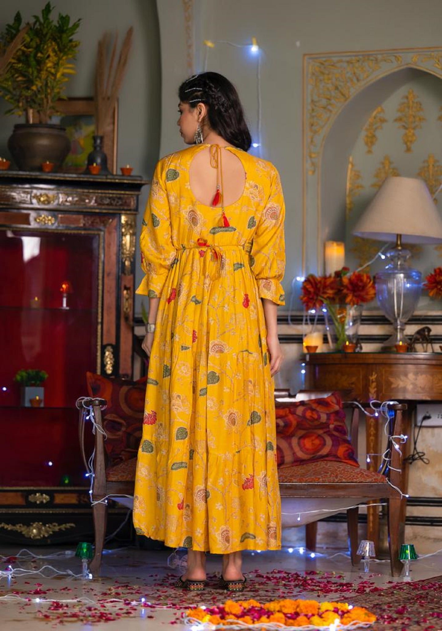 Cyber Yellow Floral Printed Embellished Dress