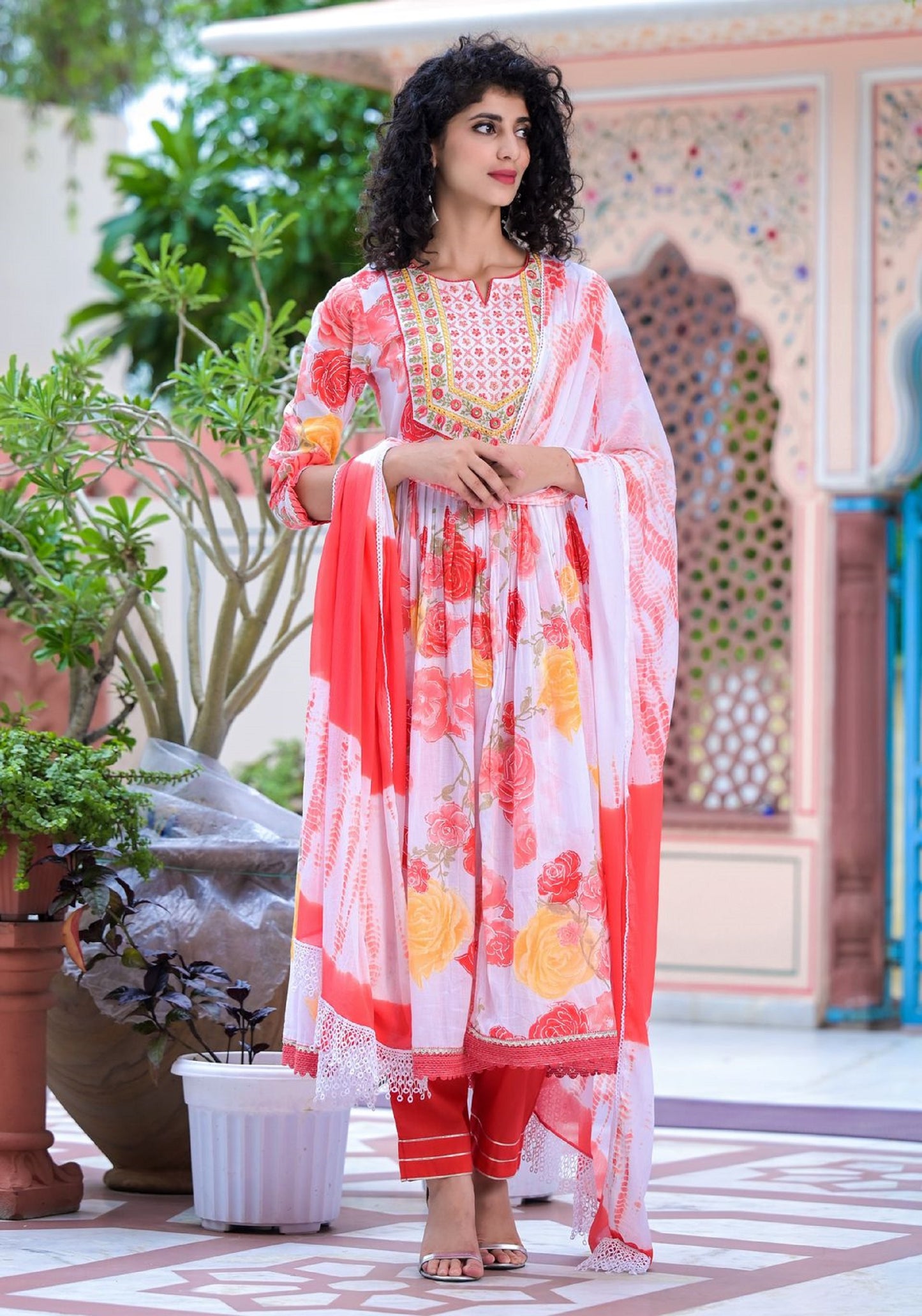 White Cotton Front Slit Anarkali With Pant And Dupatta