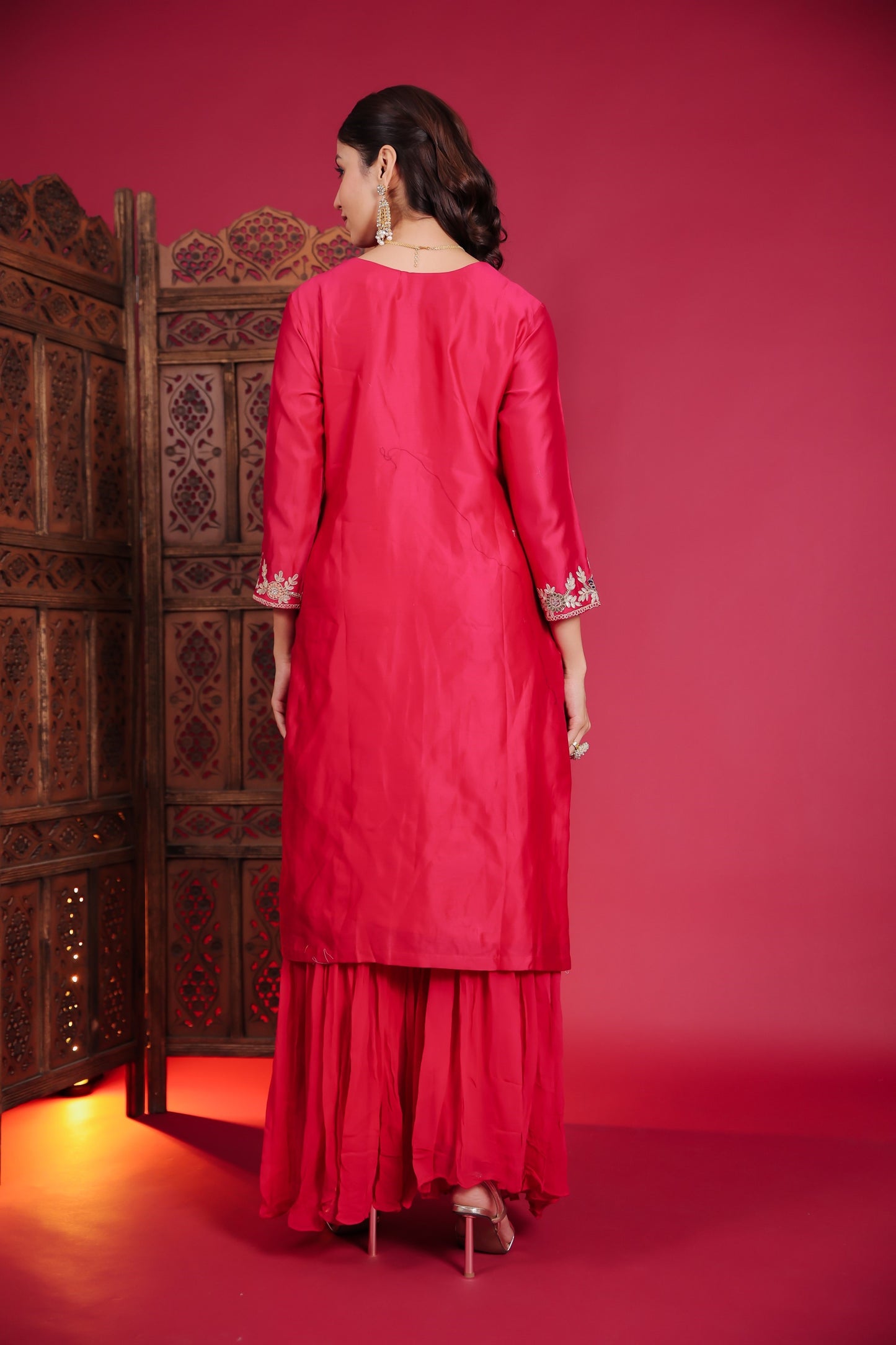 Rani Pink Embellished Kurta With Palazzo And Dupatta