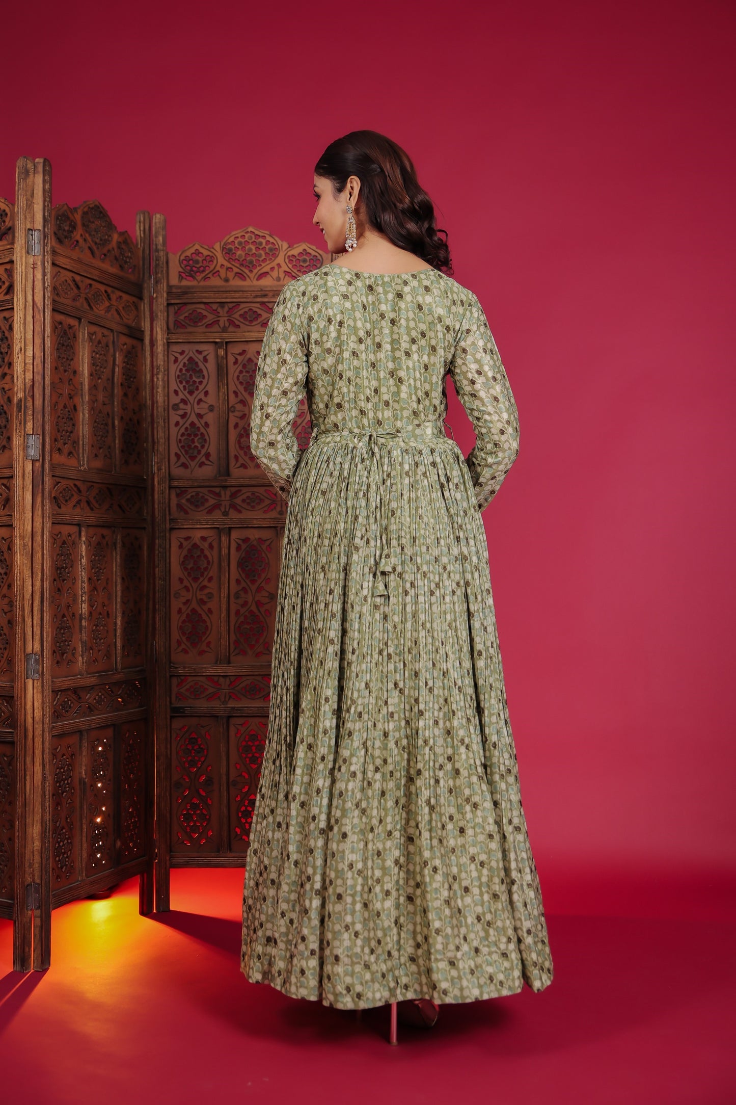 Moss Green Blooming Print Flaired Long Anarkali Dress With Embellished Neck