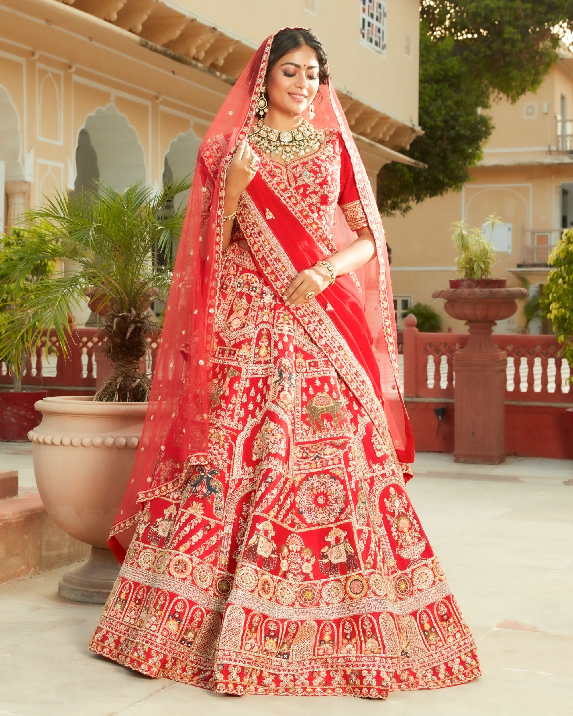 Bright Red Premium Silk Designer Bridal Lehenga Choli Online FABANZA
