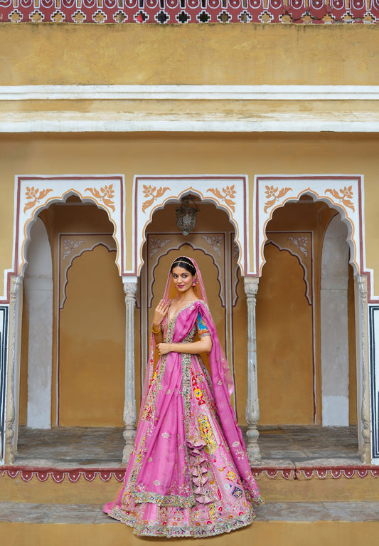 Orchid Purple Raw Silk Heavily Embellished Lehenga Set In Floral Work