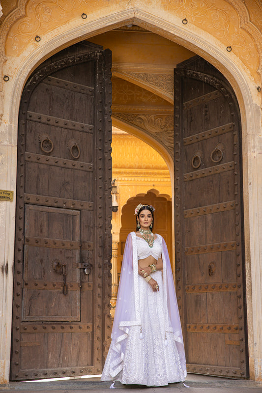 Cotton White Heavily Embellished Lehengha Set
