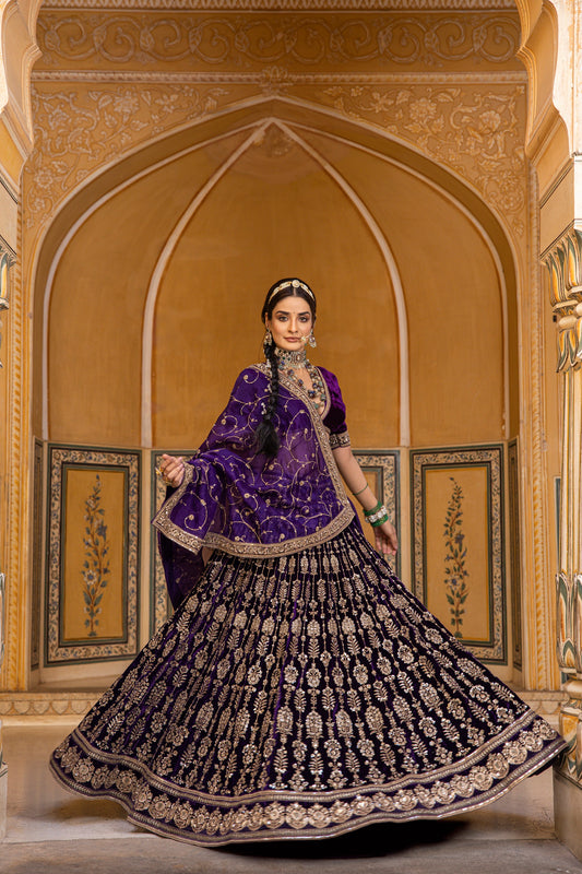 Dark Purple Velvet Lehenga Set With Zari Handwork