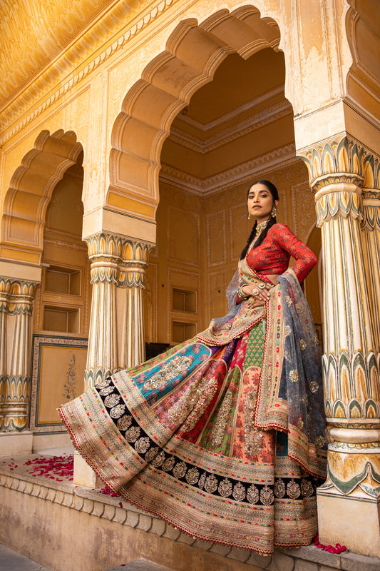 Multi Colour Raw Silk Lehenga Set With Print And Embellishment