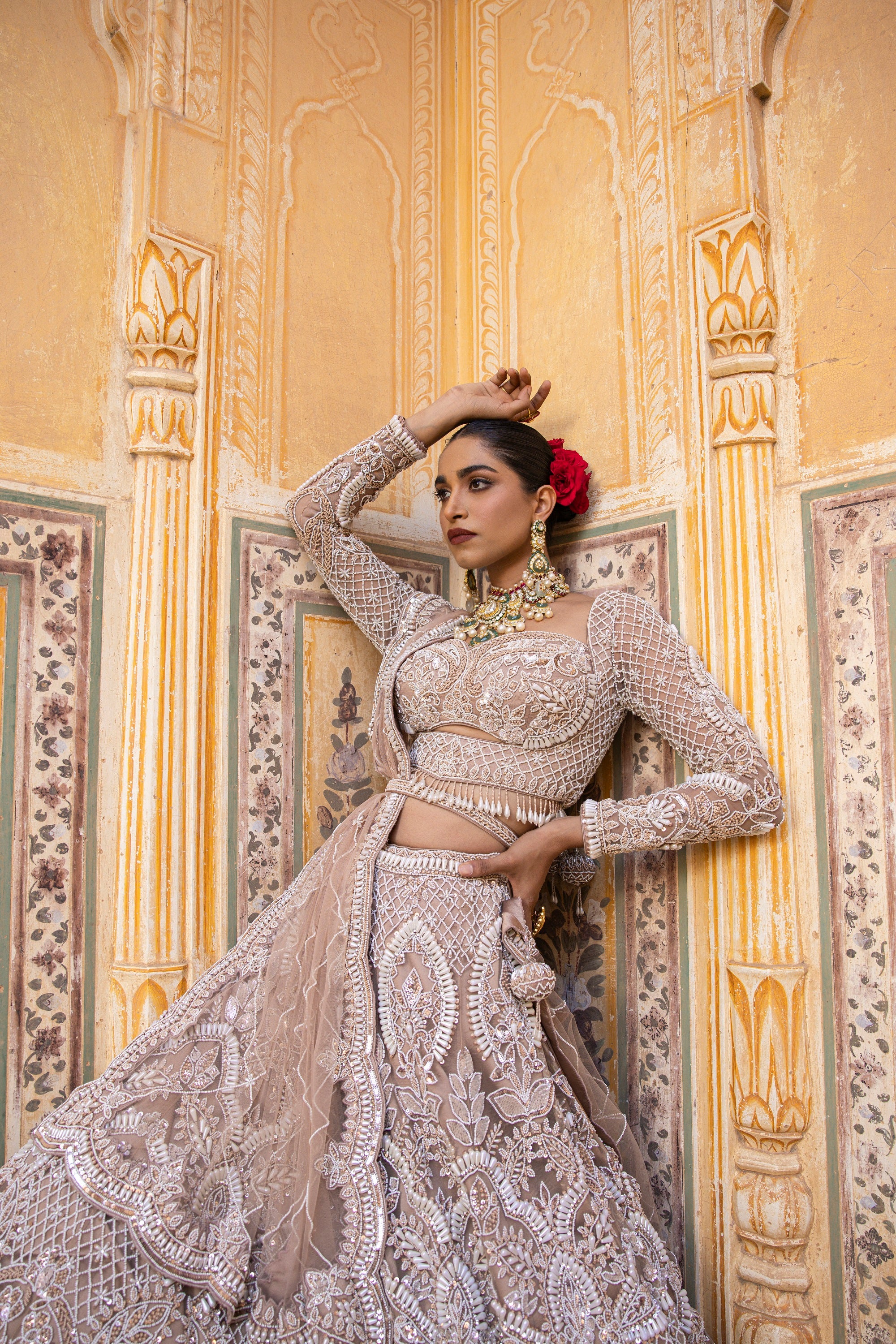 Off White Net Lehenga With Pearl WorkLLCV08629