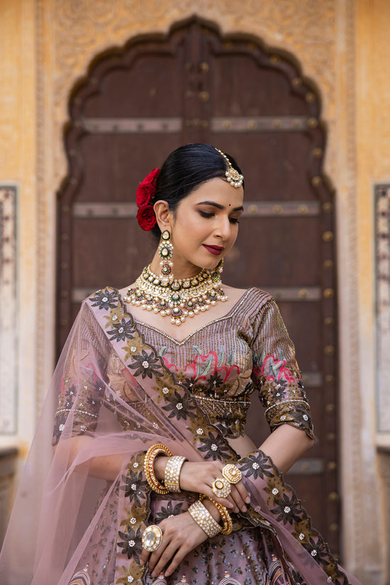 Mauve Shaded Lehenga Choli In Multi Color Thread Embroidery And Embellishment In Intricate Moroccan, Floral And Kalamkari Motifs