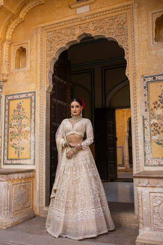 Beige Stone, Resham, And Sequin Work Lehenga With Blouse And Dupatta