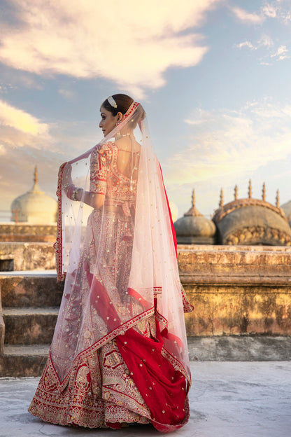 Scarlet Red Royal Heritage Lehenga In Floral And Mugal Motifs With Blouse And Dupatta