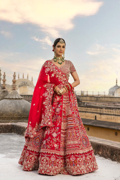 Candy Red Lehenga Choli Set In Raw Silk With Resham, Zari, Zardozi And Sequin Work