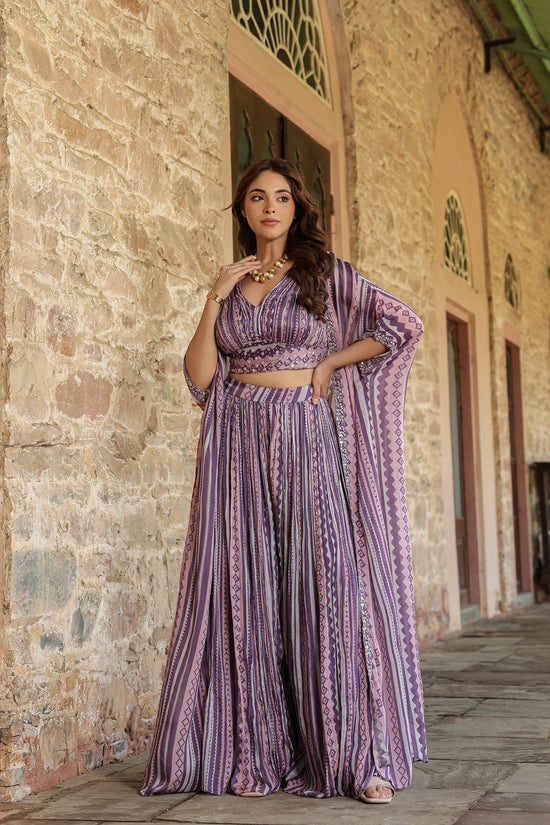 Purple Shaded  Crop Top With Palazzo And Long Shrug