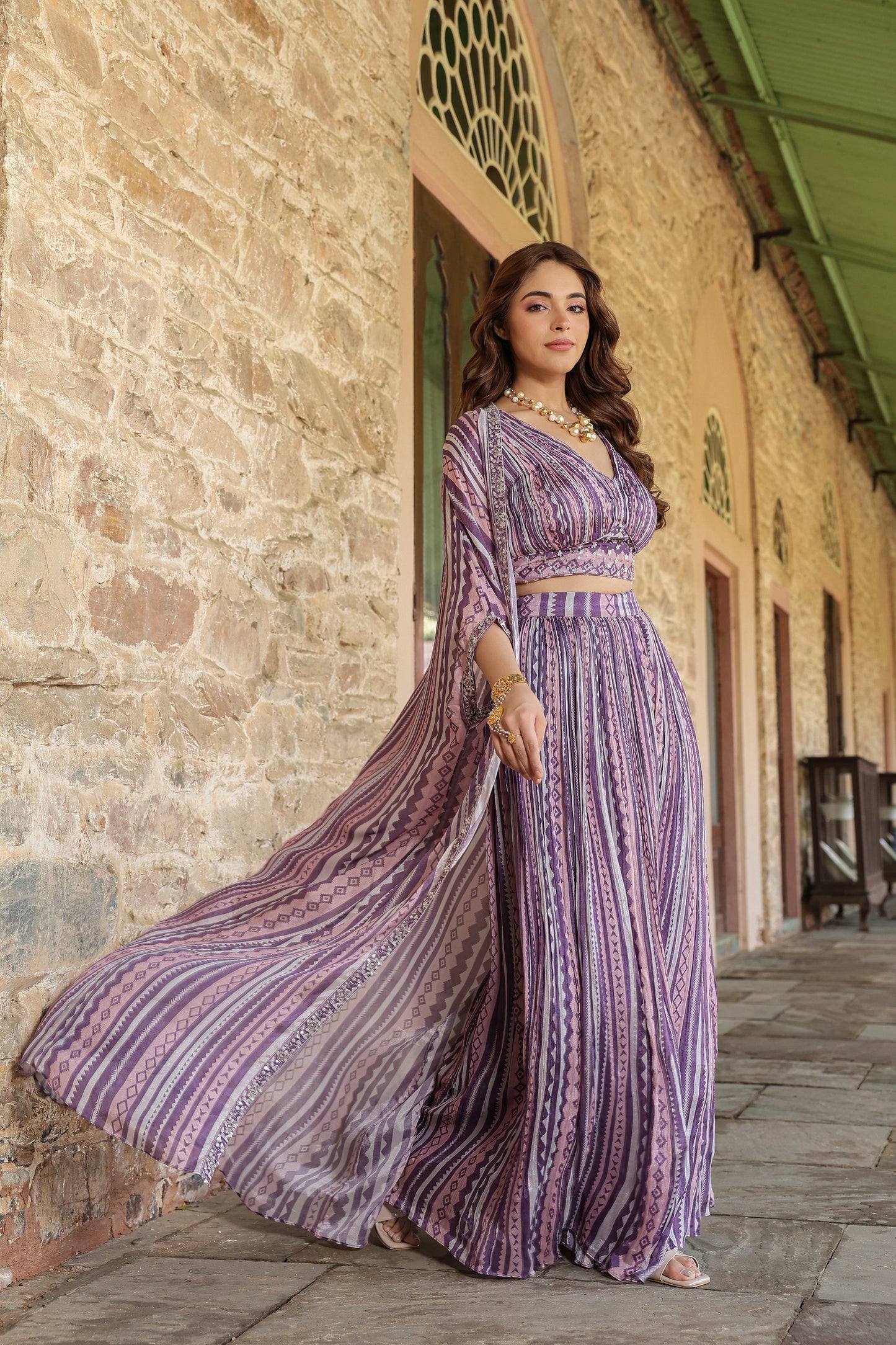 Purple Shaded  Crop Top With Palazzo And Long Shrug