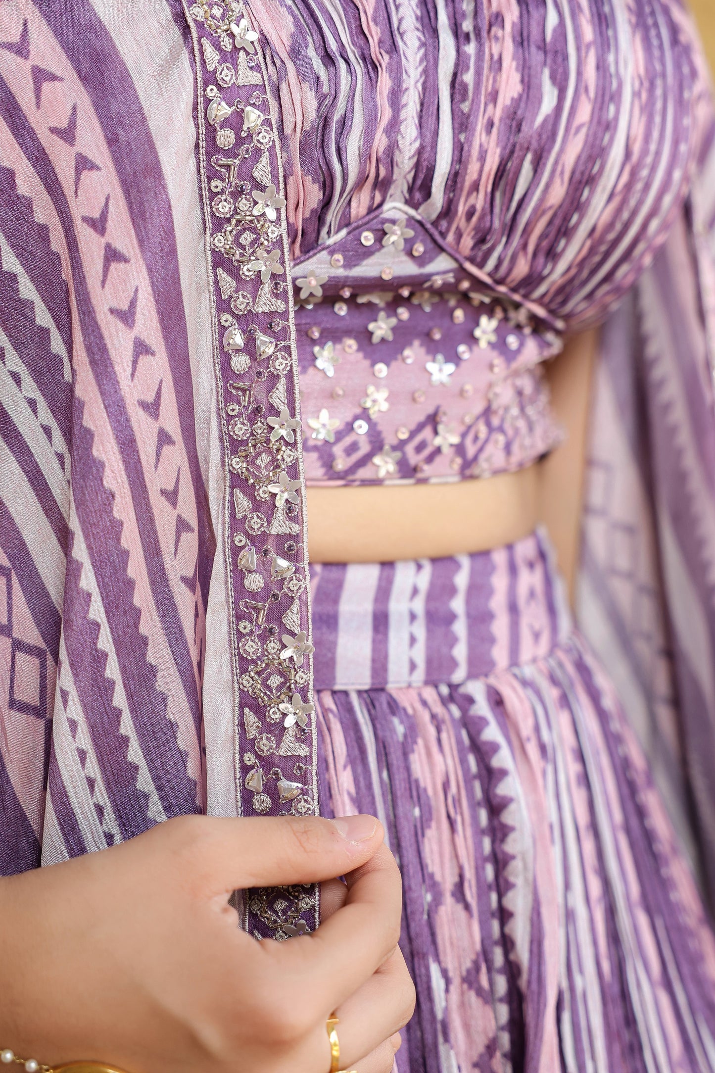 Purple Shaded  Crop Top With Palazzo And Long Shrug