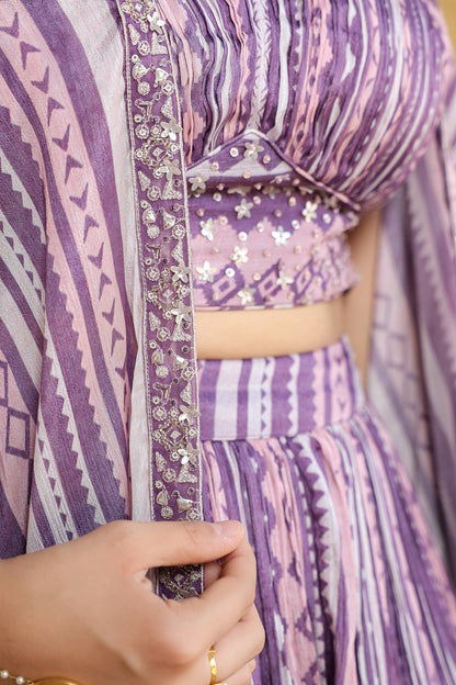 Purple Shaded  Crop Top With Palazzo And Long Shrug
