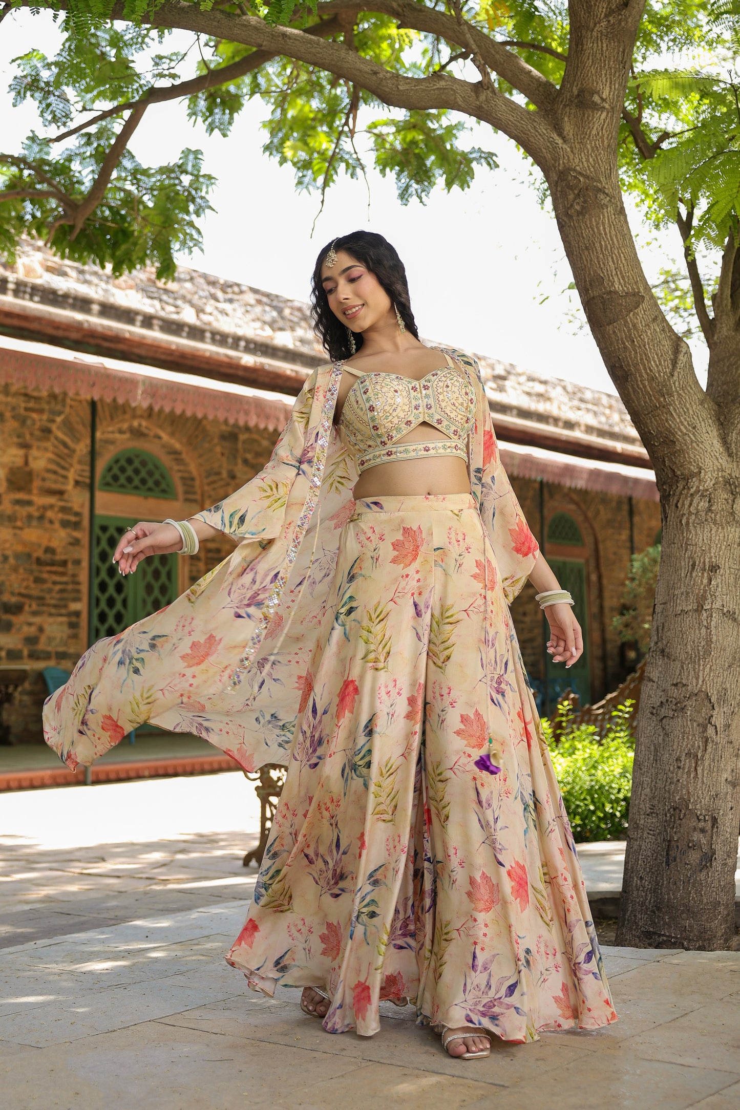 Cream Printed Palazzo Set With Shrug