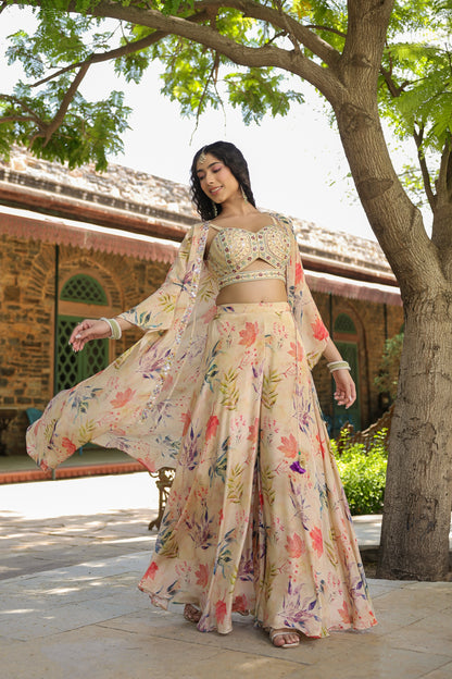 Cream Printed Palazzo Set With Shrug