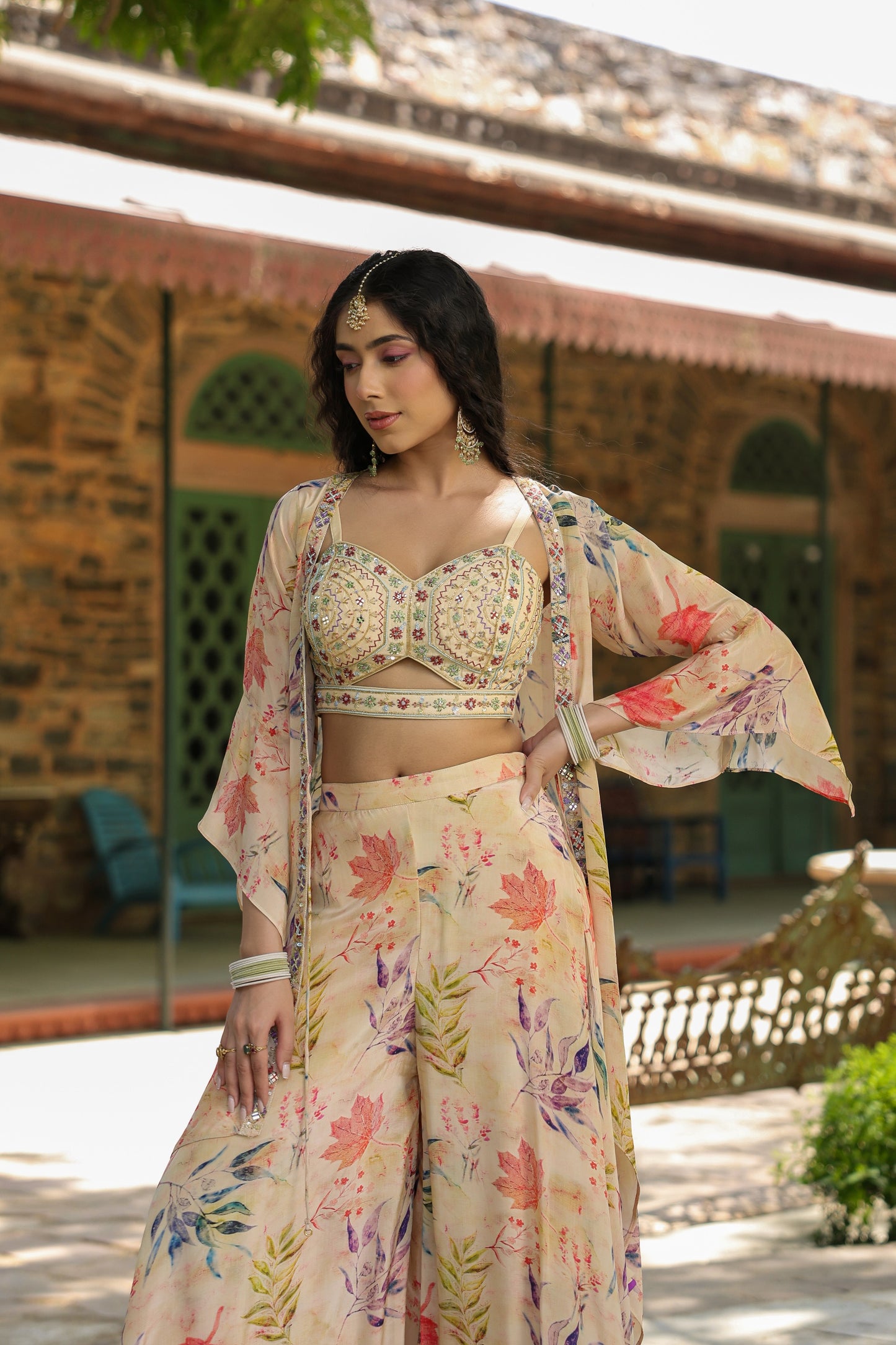 Cream Printed Palazzo Set With Shrug