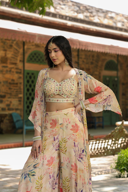 Cream Printed Palazzo Set With Shrug