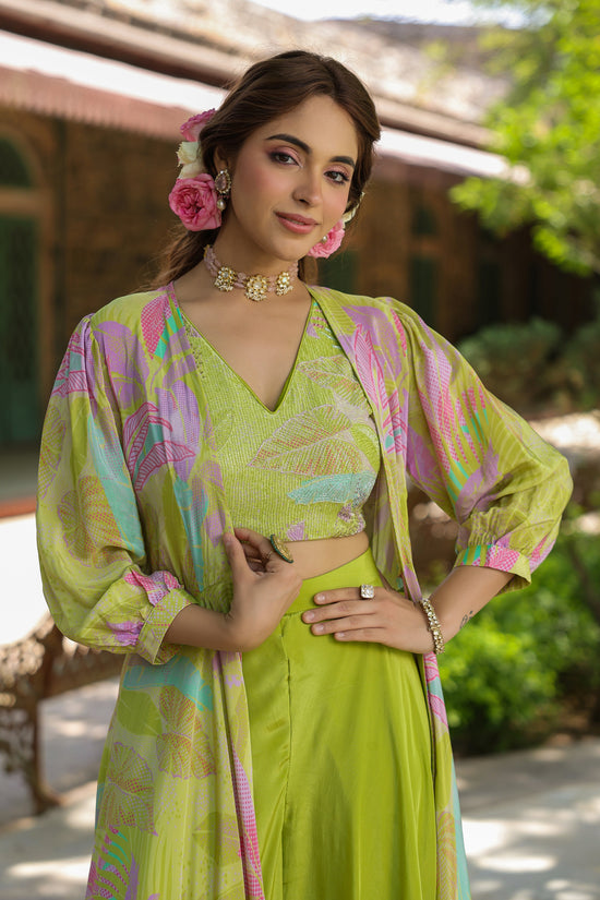 Lime Green Palazzo With Embellished Crop Top And Shrug