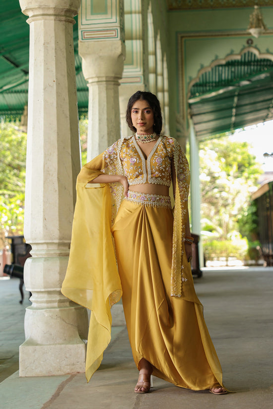 Mustard Yellow Embellished Premium Chinnon Silk Crop Top-Skirt Set