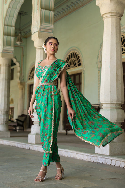 Forest Green Crape Silk Embellished Pant Set With Drape