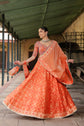 Fire Orange Raw Silk Embellished Crop Top And Skirt With Dupatta