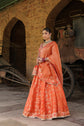 Fire Orange Raw Silk Embellished Crop Top And Skirt With Dupatta