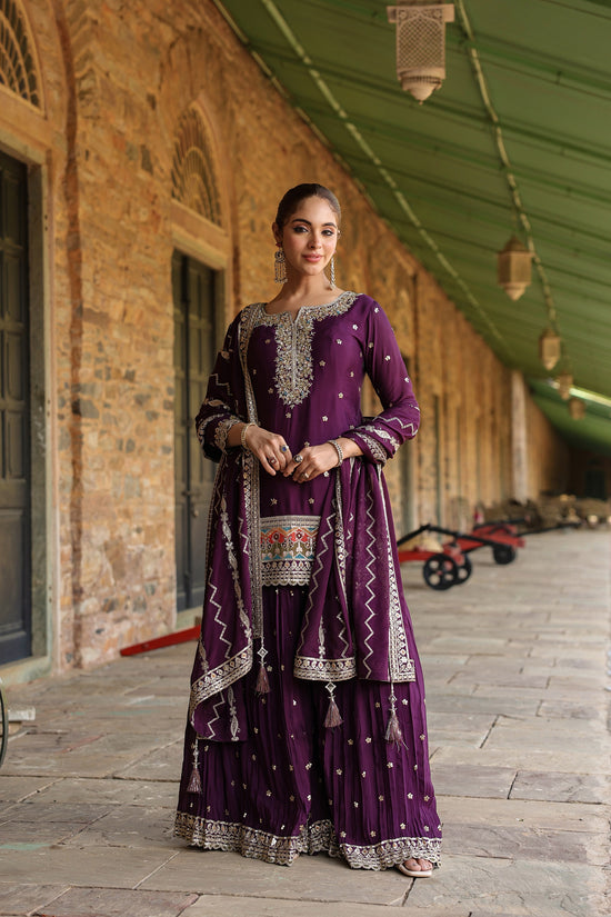 Violet Kurta With Palazzo And Dupatta Having Embellishment