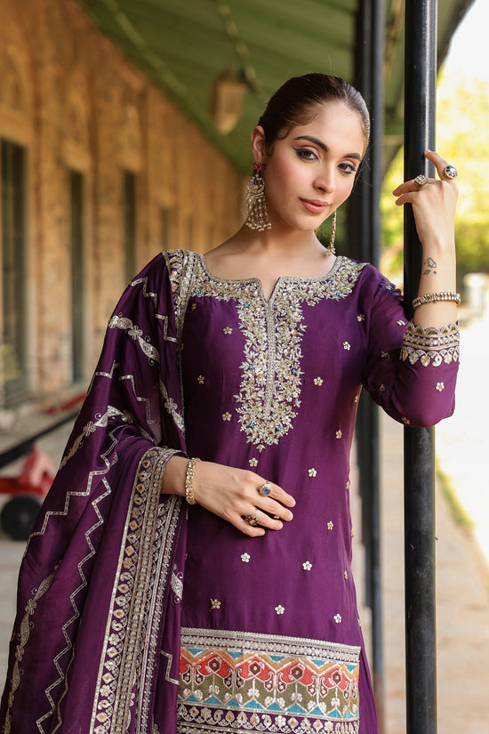 Violet Kurta With Palazzo And Dupatta Having Embellishment