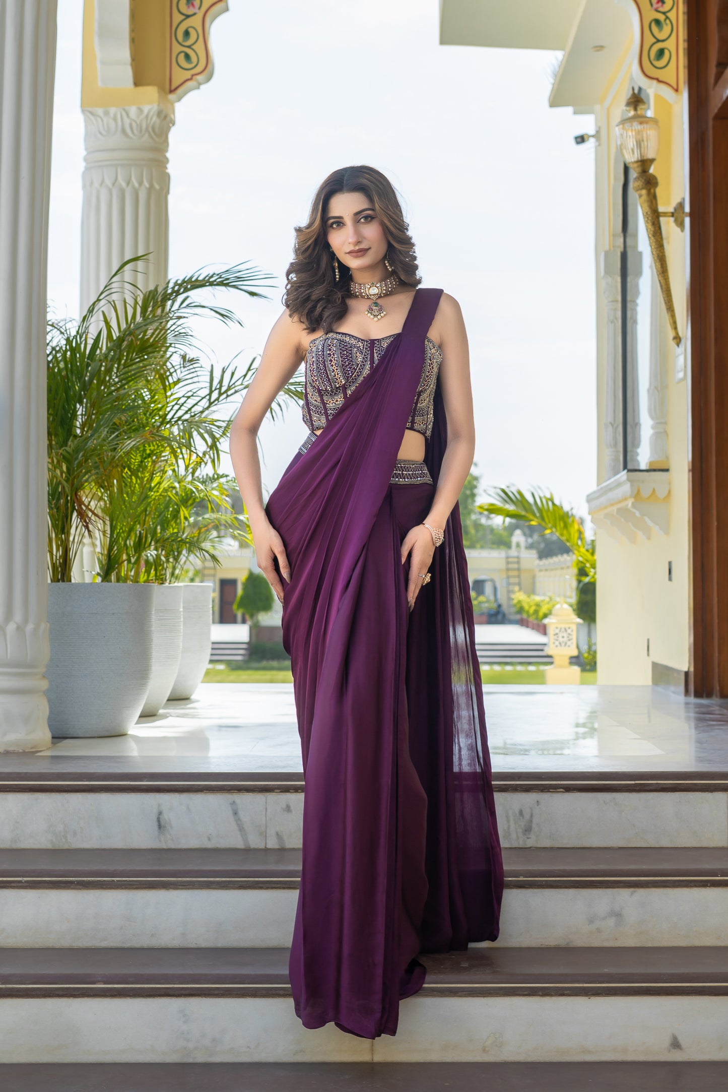 Purple Saree Set Embellished Bustier Blouse