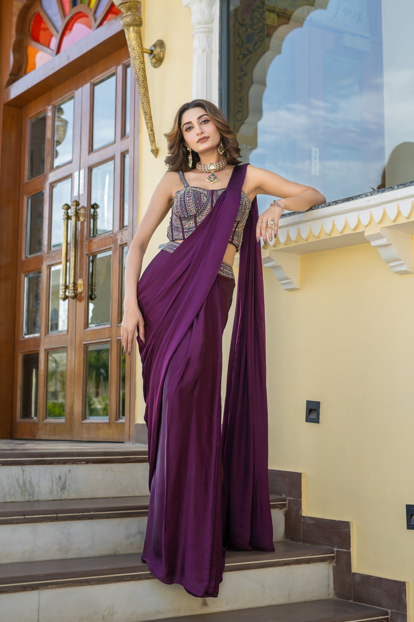 Purple Saree Set Embellished Bustier Blouse
