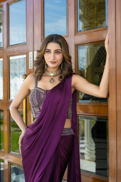 Purple Saree Set Embellished Bustier Blouse