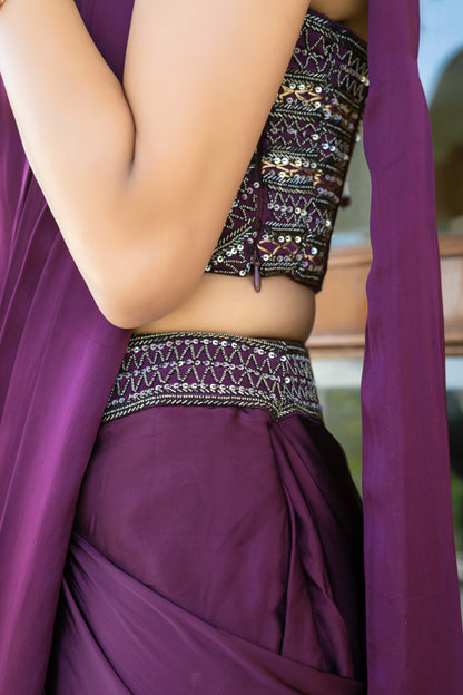 Purple Saree Set Embellished Bustier Blouse